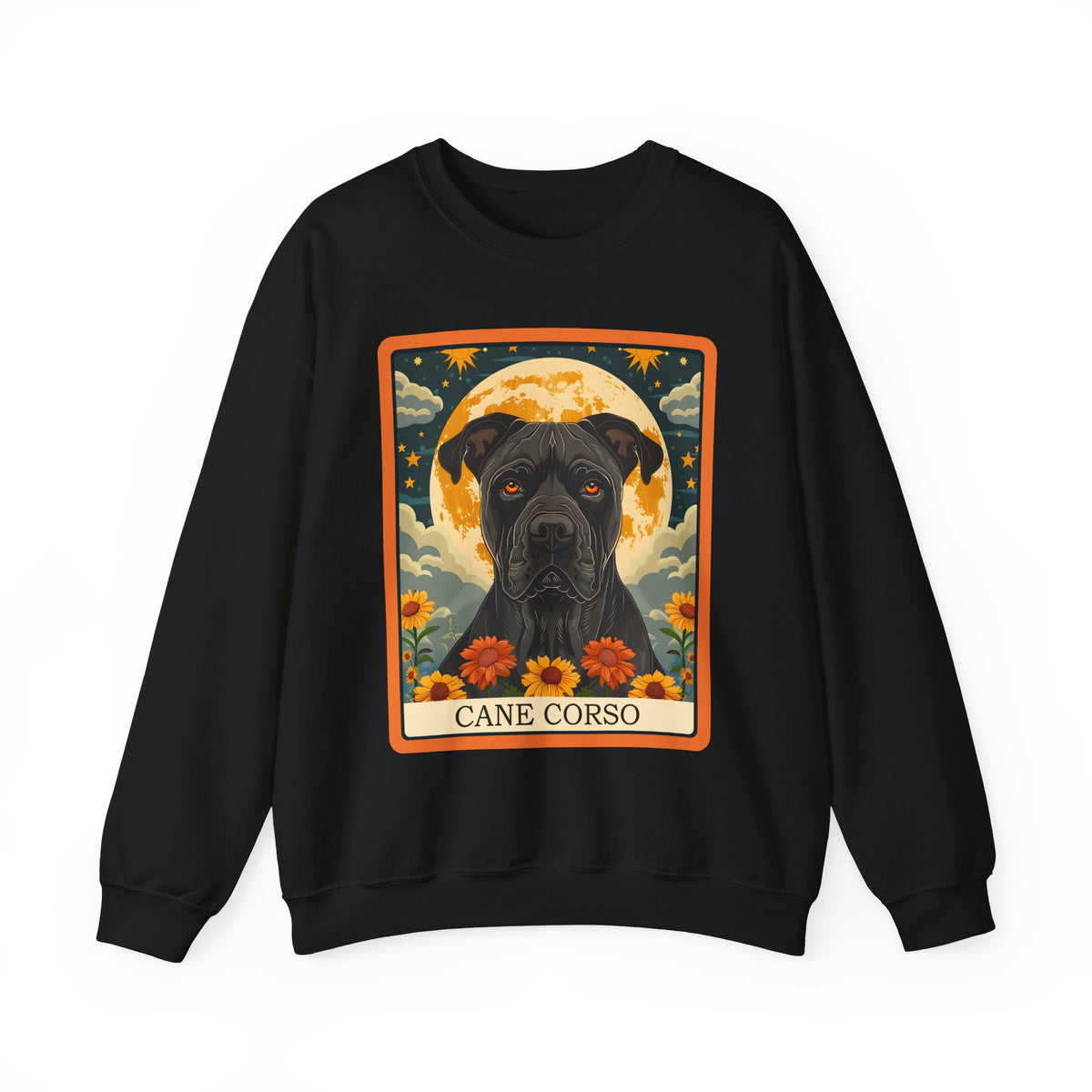 Cane Corso – Majestic Dog Tarot Art with Full Moon and Sunflowers - Unisex Heavy Blend™ Crewneck Sweatshirt