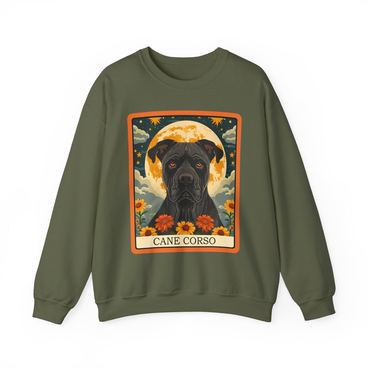 Cane Corso – Majestic Dog Tarot Art with Full Moon and Sunflowers - Unisex Heavy Blend™ Crewneck Sweatshirt