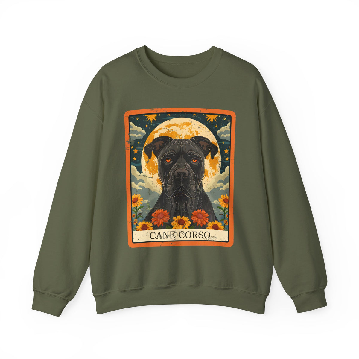 Cane Corso – Majestic Dog Sweatshirt, Full Moon and Sunflowers - Unisex Heavy Blend™ Crewneck Sweatshirt - Grunged Look