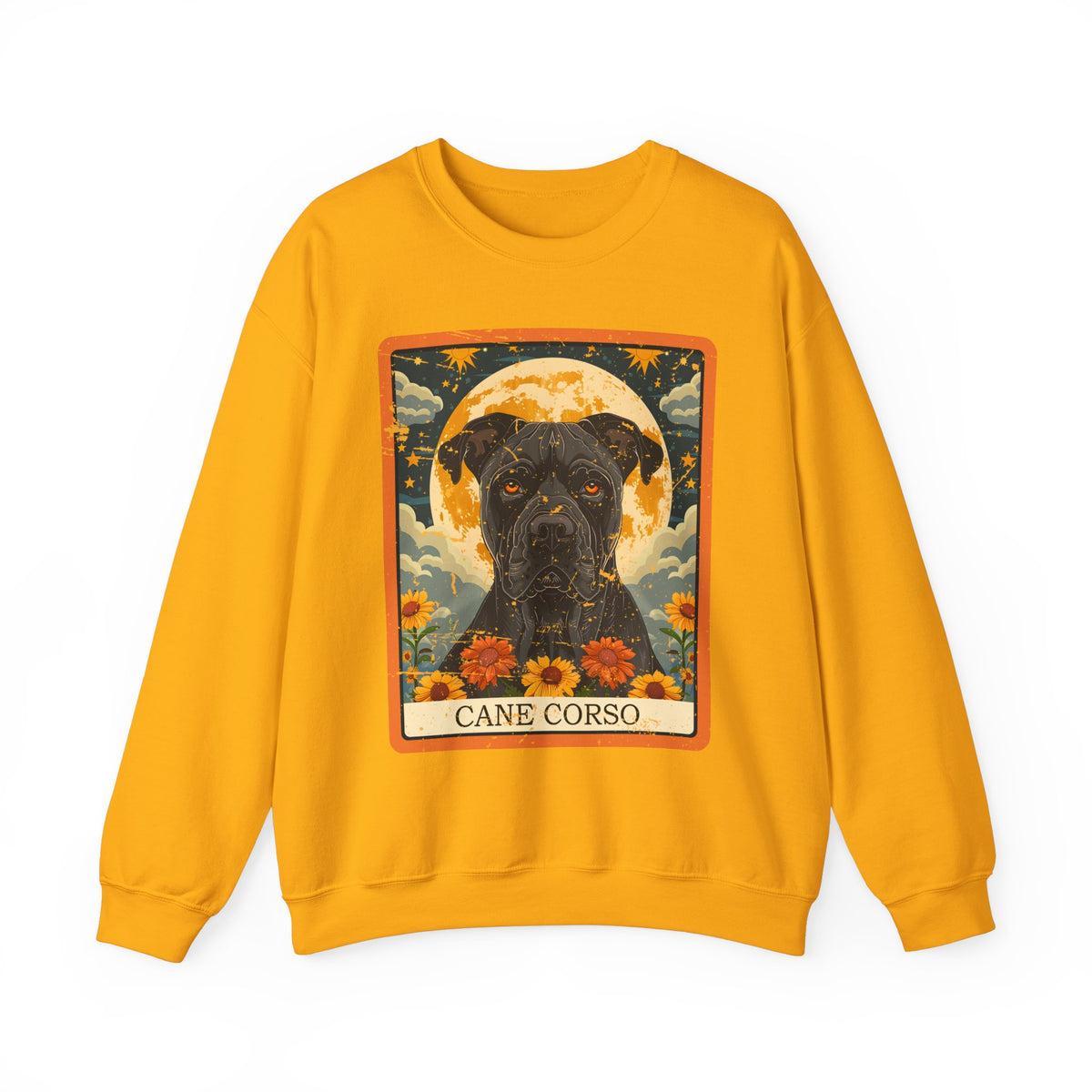 Cane Corso – Majestic Dog Sweatshirt, Full Moon and Sunflowers - Unisex Heavy Blend™ Crewneck Sweatshirt - Grunged Look
