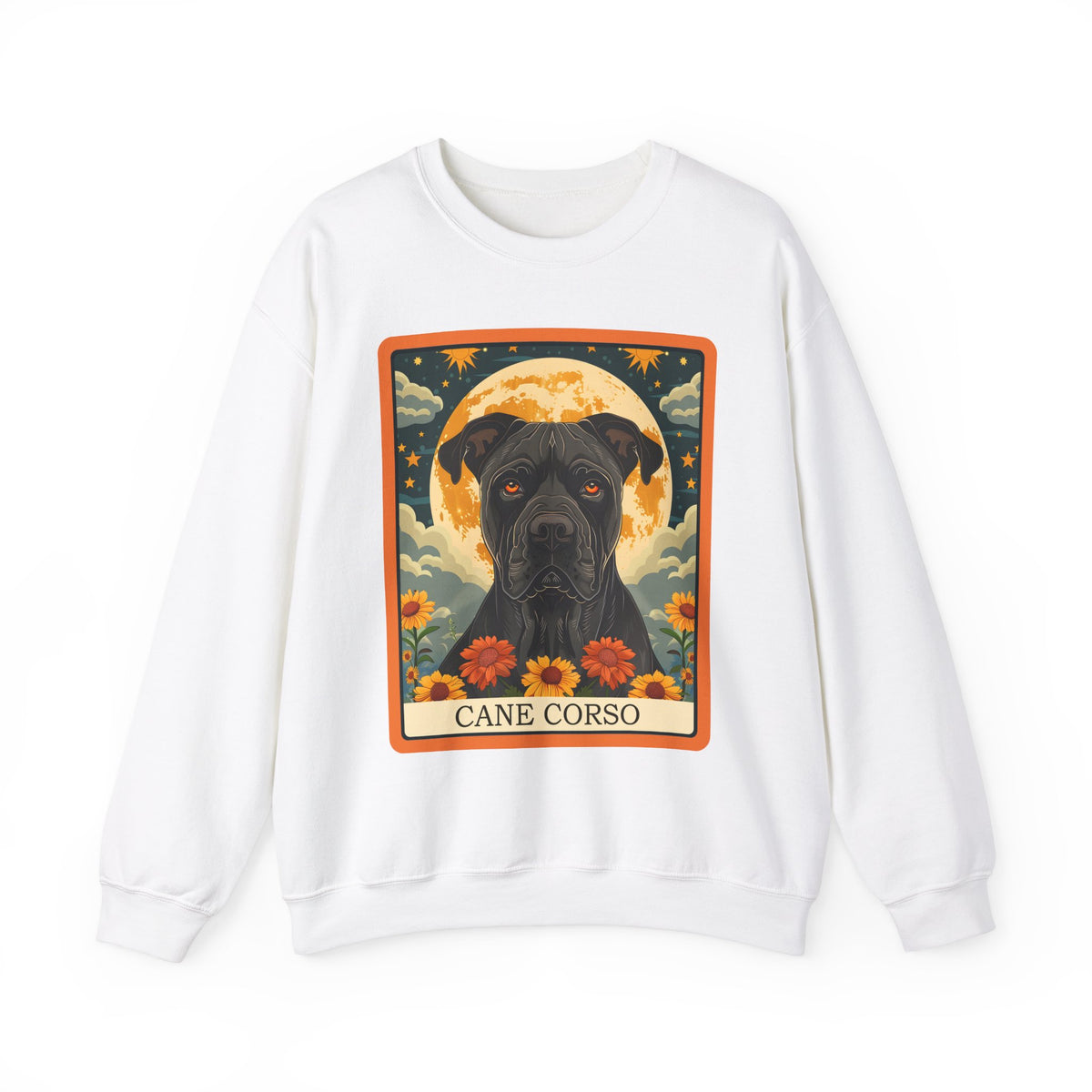 Cane Corso – Majestic Dog Tarot Art with Full Moon and Sunflowers - Unisex Heavy Blend™ Crewneck Sweatshirt