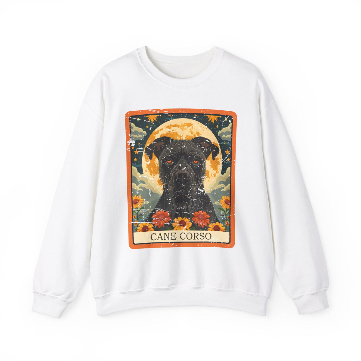 Cane Corso – Majestic Dog Sweatshirt, Full Moon and Sunflowers - Unisex Heavy Blend™ Crewneck Sweatshirt - Grunged Look