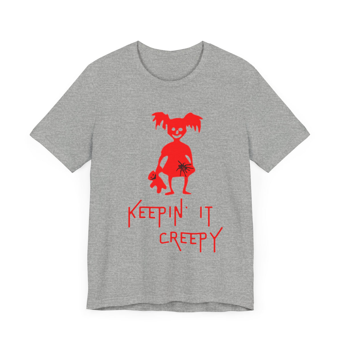 Keepin It Creepy - Devil Girl with Spider and Creepy Doll T-Shirt, Unisex Tee for Halloween, Horror Movie Fan Gift, Spooky Graphic Shirt, Scary