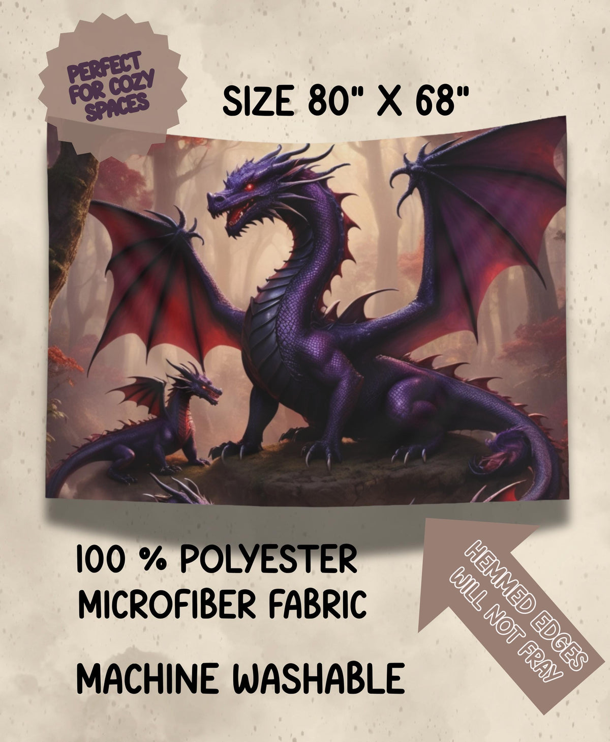Dragon Wall Tapestry, Majestic Purple 80" x 68" Gothic Room Decor