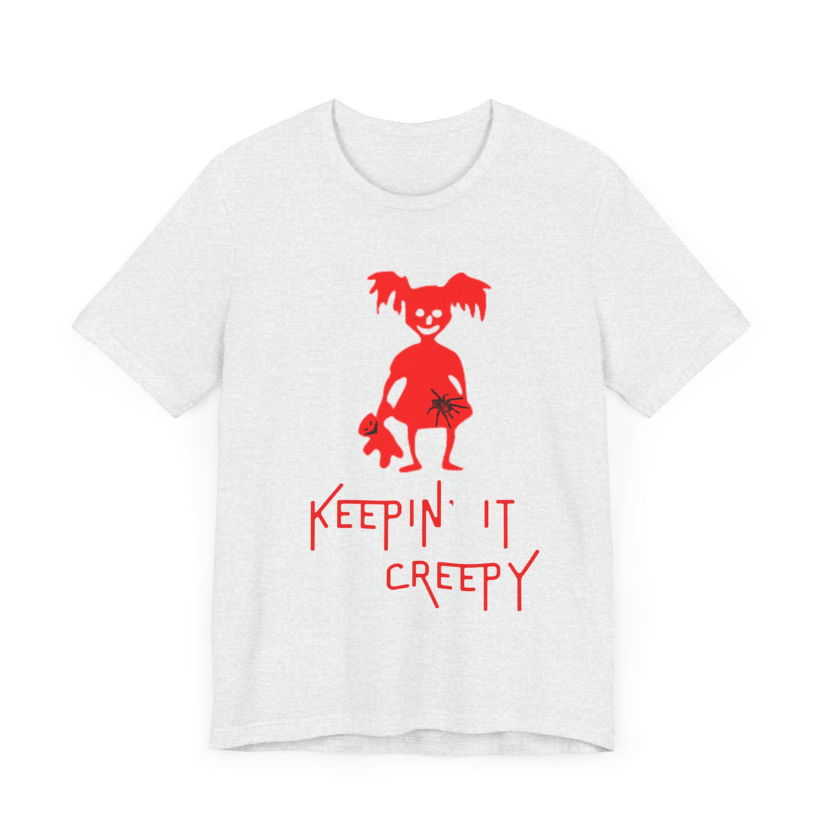 Keepin It Creepy - Devil Girl with Spider and Creepy Doll T-Shirt, Unisex Tee for Halloween, Horror Movie Fan Gift, Spooky Graphic Shirt, Scary